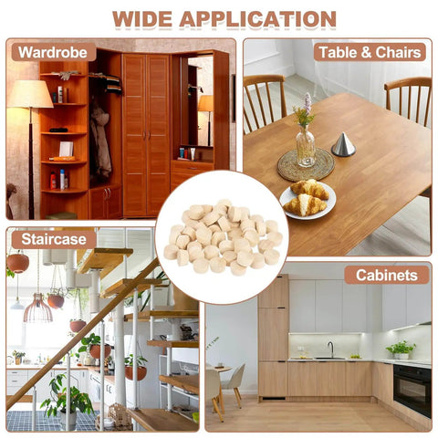 Image showing 50 Pack Five Eighth Inch Flat Head Wood Plugs That Cover Screw Holes For Furniture Cabinets And DIY Projects Assortment Kit Includes Wood Plug Caps For Seamless Finish And Concealment In Tables Legs And Outdoor Gear with applications in wardrobes, tables, staircases, and cabinets.