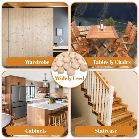 Collage showing furniture with 120 Pcs Wood Plugs Set In 4 Sizes 3/16 Inch 5/16 Inch 3/8 Inch And 1/2 Inch Round Head Hardwood Hole Plugs