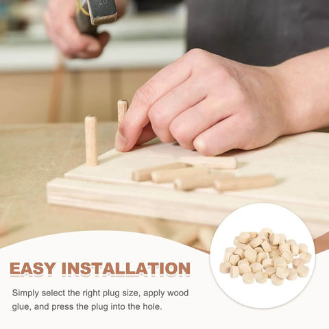 Person installing 50 Pack Five Eighth Inch Flat Head Wood Plugs That Cover Screw Holes For Furniture Cabinets And DIY Projects Assortment Kit Includes Wood Plug Caps For Seamless Finish And Concealment In Tables Legs And Outdoor Gear in a wooden surface.