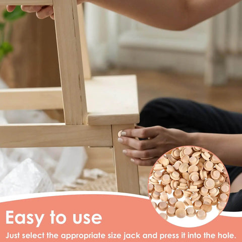 Person installing 200 Pcs Three Eighths Inch Wood Plugs For Screw Holes Mushroom Button Round Head Covers Hardwood Hole Plugs
