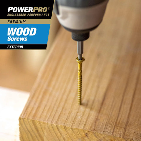 Drilling a bronze Power Pro Premium Exterior Wood Screw into wood with T-25 Star Bit, #10 x 4 Inch All-Purpose Deck Screws, 967782.