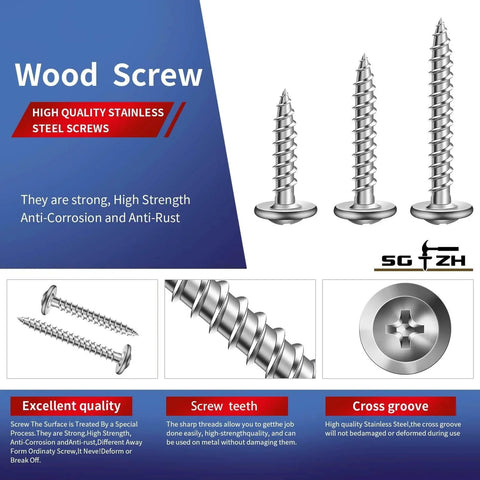 8x1 Inch Wood Screws 100 Pcs 410 Stainless Steel Self Tapping Truss Head with Cross Recessed Design for Furniture Assembly