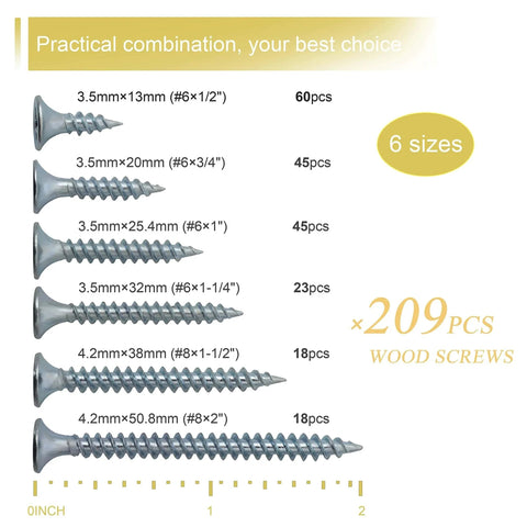 High Hardness Wood Screws Set 209 Pieces Phillips Flat Head Drywall And Wood Screws Six Sizes Two Inch To One Half Inch chart