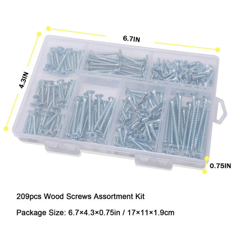 High Hardness Wood Screws Set 209 Pieces Phillips Flat Head Drywall And Wood Screws Six Sizes Two Inch To One Half Inch in case