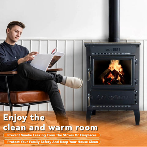 Heavy Duty High Temperature RTV Silicone Sealant For Wood Stove Doors Withstand Up To 850F Non Toxic Low VOC Black Silicone Adhesive 100ml Heat Resistant Gasket Cement For Safe Sealing shown near stove in living room setting