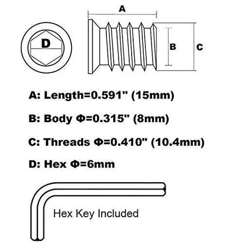 Diagram showing dimensions of 50 Pack Quarter Inch By Twenty Threaded Wood Inserts For Furniture And DIY Projects, Screw In Nutserts With Hex Drive, 15mm Length, Includes Hex Key, Easy Install For Woodworking And Repairs.