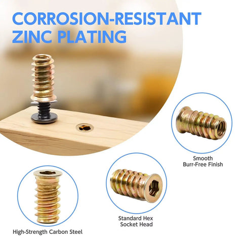 Pro Grade 1/4-20 Wood Threaded Insert Kit With 30 Inserts, 30 Screws, 30 Washers, And 2 Hex Keys For Woodworking DIY Projects And Furniture Repair, Heavy Duty Carbon Steel featuring close-up view of insert and zinc plating.