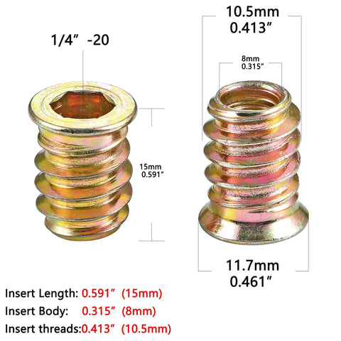 DIY Ready Wood Threaded Inserts Kit, 80 Pcs 1/4-20 Metal Studs With Hex Drive, Bolt Fastener Connectors For Wood dimensions diagram