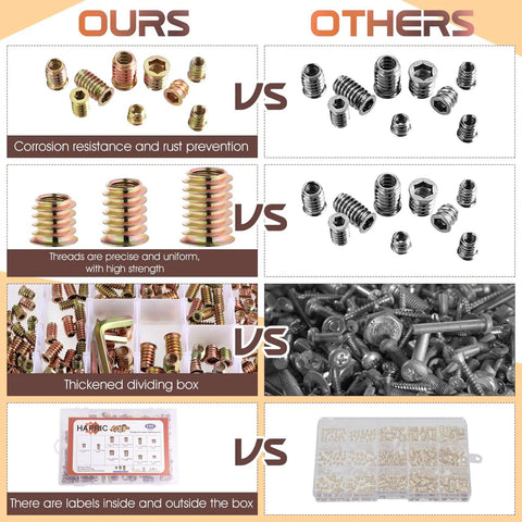 Comparison of our wood threaded inserts kit vs others; showing corrosion resistance, uniform threads, and organized box.