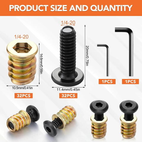 32 Pcs Wood Threaded Inserts For Furniture Screws 1/4-20 X 25/32 In Hex Socket and Screw In Nuts, showing size and quantity details.