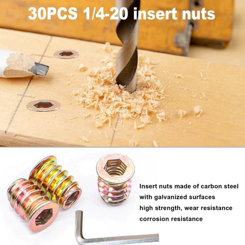 30 Sets 1/4-20 Threaded Wood Inserts for Furniture Screws with Hex Socket Drive in use on wood surface