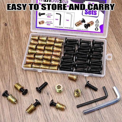 32 Piece Wood Threaded Inserts And Nuts Set With Hex Spanner For Furniture Repair And DIY Woodworking Quarter Inch Twenty TPI Threaded Inserts For Wood Galvanized Steel Heavy Duty Fasteners displayed in a plastic case with tools
