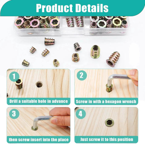170Pcs Wood Threaded Inserts Kit Six Sizes M4 M5 M6 M8 with assembly steps for wood cabinets and furniture