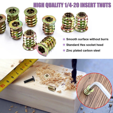 32 Piece Wood Threaded Inserts And Nuts Set With Hex Spanner For Furniture Repair And DIY Woodworking Quarter Inch Twenty TPI Threaded Inserts For Wood Galvanized Steel Heavy Duty Fasteners shown with wood and tools.