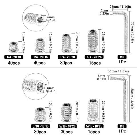 Image of 200-Piece Zinc Plated Wood Threaded Insert Kit With 1/4-20 And 5/16-18 Hex Drive Nut Inserts sizes and components displayed.