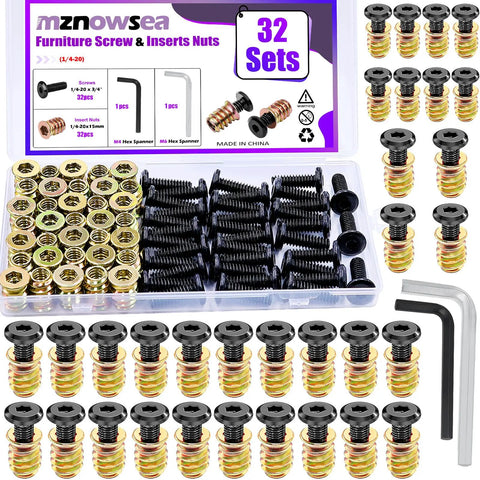 32 Piece Wood Threaded Inserts And Nuts Set With Hex Spanner for Furniture Repair and DIY Woodworking, galvanized steel