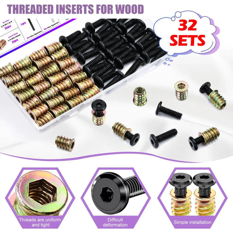 32 Piece Wood Threaded Inserts And Nuts Set With Hex Spanner For Furniture Repair And DIY Woodworking, various pieces displayed