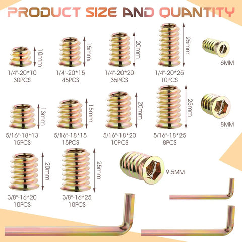 Wood Threaded Inserts Kit With Hex Wrench, 191 PC Set in various sizes for DIY furniture repair displayed with hex keys