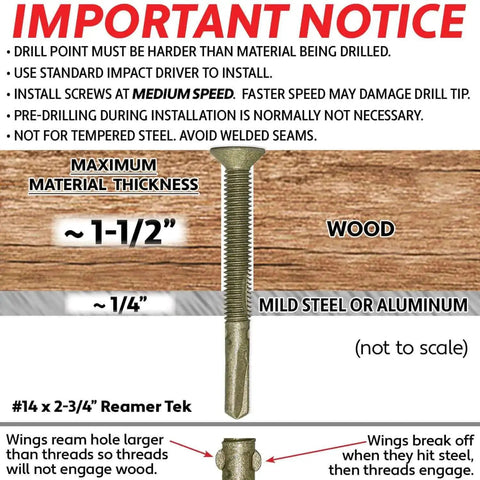 Diagram showing Heavy Duty Wood To Metal Reamer Tek Screws With Self Drilling Tip Torx T30 Star Head 14 by 2 and 3 Quarters Inch for flatbeds and trailers, highlighting maximum material thickness for wood and metal.