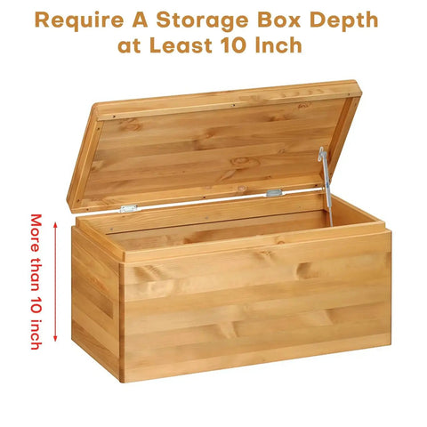 Two Pack Soft Close Toy Box Hinges With 150N Gas Strut installed on wooden box lid showing required 10-inch depth