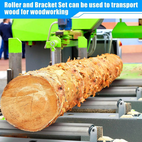 Boat Trailer Roller with Bracket Set 1.5" Diameter Conveyor Kayak Metal Roller shown transporting a log in woodworking setup.