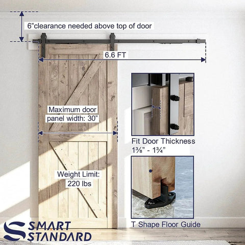 6.6 FT Sliding Barn Door Soft Close Hardware Kit installed on wood door showing fit, weight limit, and T shape floor guide.