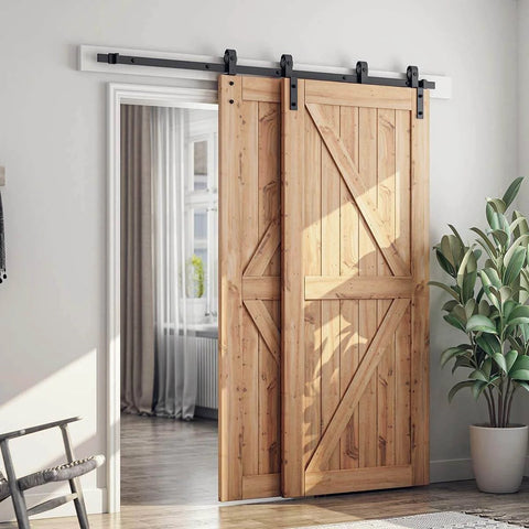 6.6 Feet Bypass Sliding Barn Door Hardware Kit for Double Wooden Doors with Single Track installed, carbon steel rail visible
