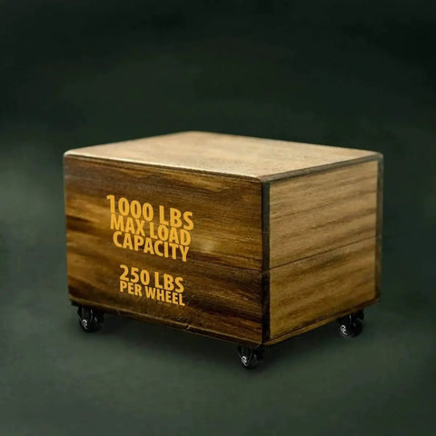 Wooden box on 2 Inch Heavy Duty Polyurethane Caster Wheels Rigid Fixed Non Swivel Industrial Grade Solid Low Profile