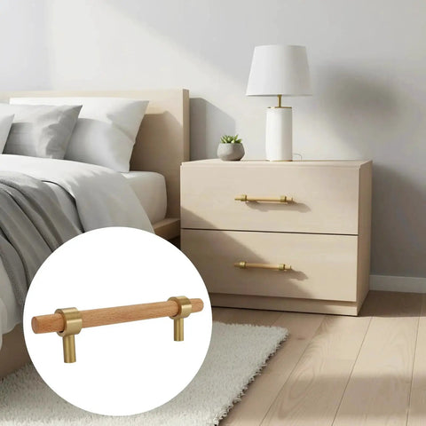 Bedroom scene showing a nightstand with a Set Of Six 3.75 Inch Wooden Cabinet Pulls With Screws For Dresser Kitchen And Wardrobe Cabinets.