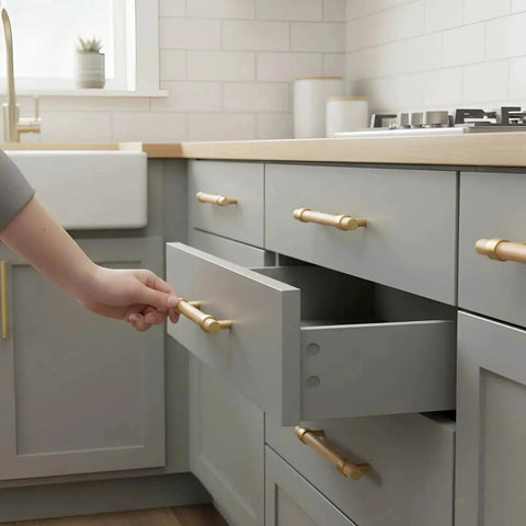 Set Of Six 3.75 Inch Wooden Cabinet Pulls With Screws For Dresser Kitchen And Wardrobe Cabinets 5.55 Inch Total Length 3.75 Inch Center To Center Hole Spacing installed on gray kitchen drawers.