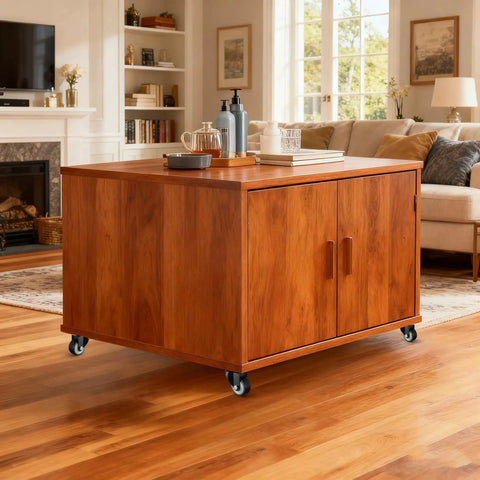 Wooden cabinet with 1.5 Inch Furniture Caster Wheels Set Of 4 With Swivel Plate, 400 Lb Load Capacity on living room floor