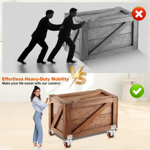 Comparison of a crate pushed by two people versus a crate on 3 Inch Side Mount Casters Set Of 4, L-Shape Heavy Duty Plate Casters With Brakes.