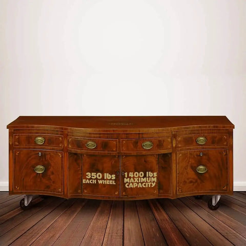 Wooden furniture unit with 4 Pack Heavy Duty Large Steel Swivel Caster Wheels 3.5 Inch No Brake 350 Lb Capacity Each