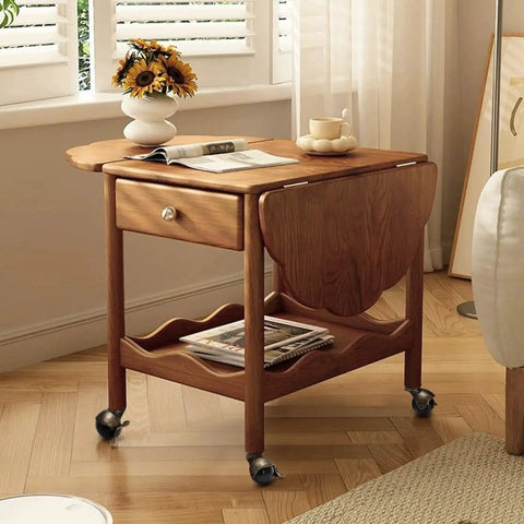 Wooden drop-leaf side table with drawer, on Eight Pack 2 Inch Antique Brass Ball Caster Wheels With Brakes Swivel Casters.