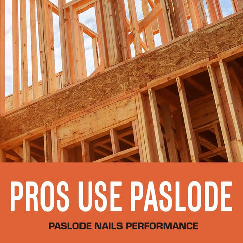Wood framing of a building with text overlay 'Pros Use Paslode', showcasing framing construction stage using XP Framing Nailer