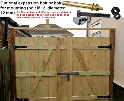 Heavy Duty Gate Hinges 900 Lbs Capacity - 13" Bolt-On or Weld-On Hinges, installed on wooden gate with expansion bolt illustration.