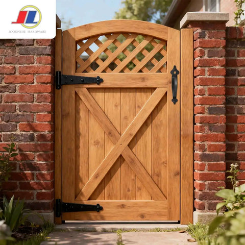 Wooden garden gate with Heavy Duty Gate Handle 1 Pack Black Shed Door Handle With Latch for Outdoor Fence Gates installed.