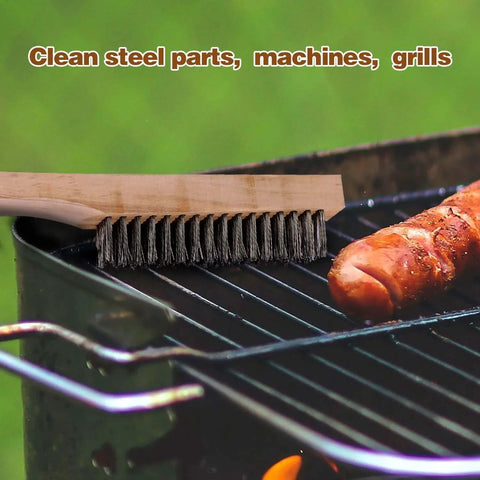 12 Pieces 10 Inches Wire Brush Wooden Handle for cleaning grill, wire brushes for cleaning welding slags and rust, 20 steel wires each hole