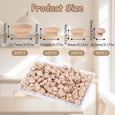 150 Pcs Wooden Hole Plugs Set In Four Sizes Three Sixteenths Inch Five Sixteenths Inch Three Eighths Inch And Half Inch Mushroom Wood Plugs