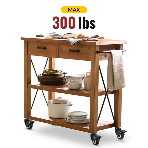 Wooden kitchen cart with shelves, pots, and 2 Inch Stem Caster Wheels Total Locking Set of 8 Heavy Duty Swivel Casters