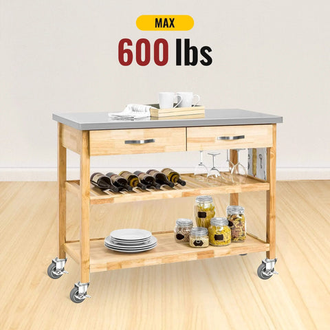 Wooden kitchen cart with 600 lbs capacity on 3 Inch Locking Caster Wheels Set of 4 with Threaded Stem 3/8-16 x 1-1/2.