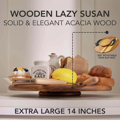 18 inch acacia wood lazy susan cabinet organizer on a shelf, showcasing solid wood design and rotating tray functionality.