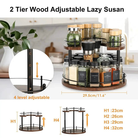 Two Tier Wooden Spinning Lazy Susan Spice Rack With U Shape Design For Tall And Short Bottles Adjustable Height 12 Inch Rotating Spice Organizer
