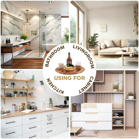 Montage showing 18 Inch Acacia Wood Turntable Organizer Lazy Susan for bathroom, living room, kitchen, and cabinet use.
