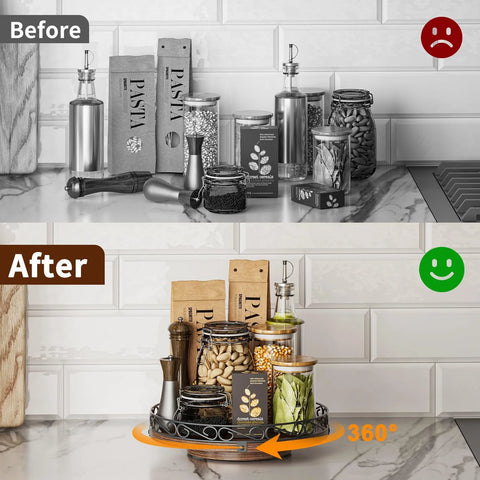 12 Inch Round Wooden Lazy Susan Turntable For Tabletop And Cabinet Farmhouse Rustic Brown Decorative Tray with spices display