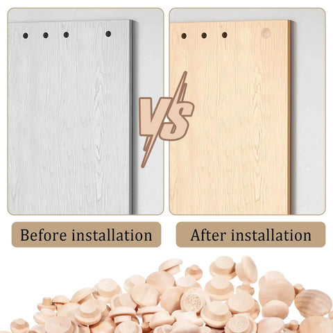 150 Pcs Wooden Hole Plugs Set In Four Sizes Three Sixteenths Inch Five Sixteenths Inch Three Eighths Inch And Half Inch Mushroom Wood Plugs For Cabinets Tables Chair Legs Reserved Holes Outdoor Gear before and after installation comparison showing white wood panel with and without plugs.