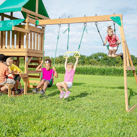 Children playing on a playground set with swings and slide, showcasing 6 Pack Wood Beam And I Beam Hanger Set Stainless Steel Permanent Anti Rust.