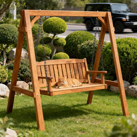 Wooden garden swing with metal chains holding a cat, featuring Long Black Chain Link 1/4" x 19.7 Ft, Heavy Duty Metal Porch Swing Chain for Hanging, Carbon Steel Coil Chains for Outdoor Fence