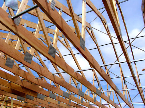 Wooden truss structure with Truss Spacer Restraint Kit For Quick Accurate Spacing During Sheathing Pro Grade Galvanized 22 Gauge Steel 25 1 2 Inch TSBR2 24 Easy Installation Spacers Stay In Place Pack Of 50 installed