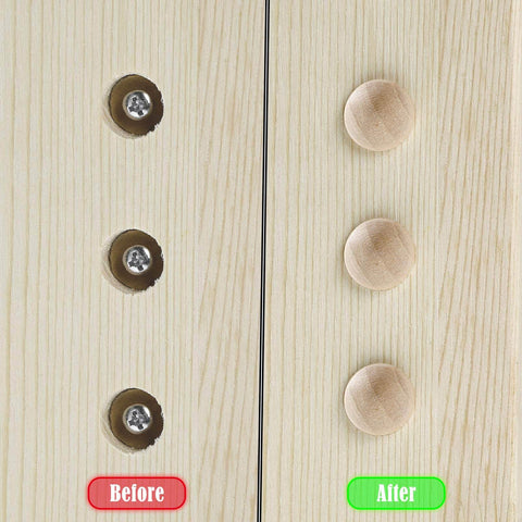 Before and after view of 50 Piece Wooden Button Top Screw Hole Plugs For Furniture And Home, hiding screws on wooden surface.